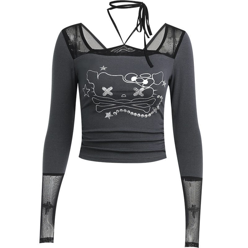 Kobine Women's Grunge Cat Printed Lacing-up Long Sleeved T-shirt