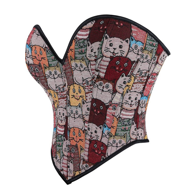Kobine Women's Grunge Colourful Cat Embroidered Overbust Corset