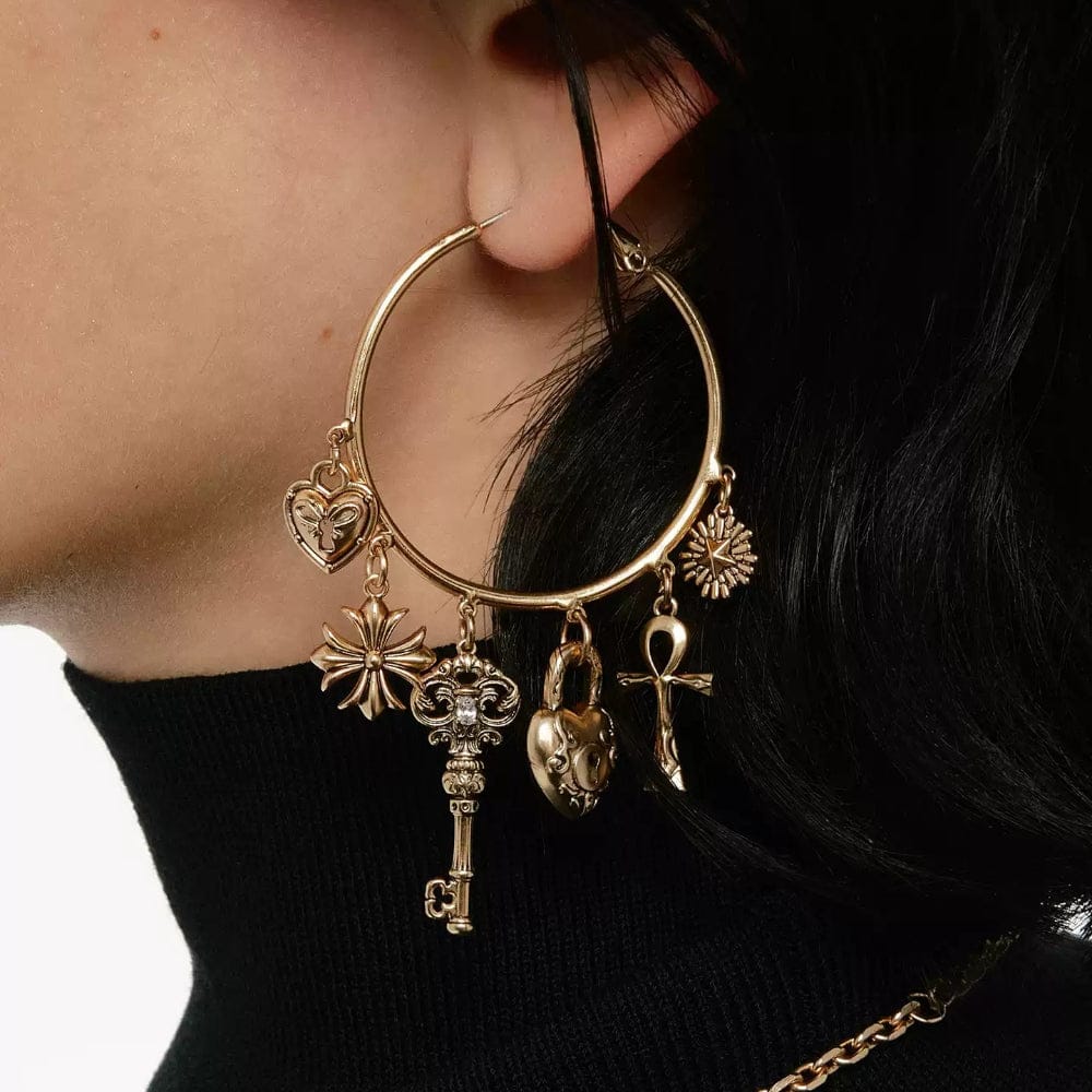 Kobine Women's Grunge Cross Lock Heart Key Earrings