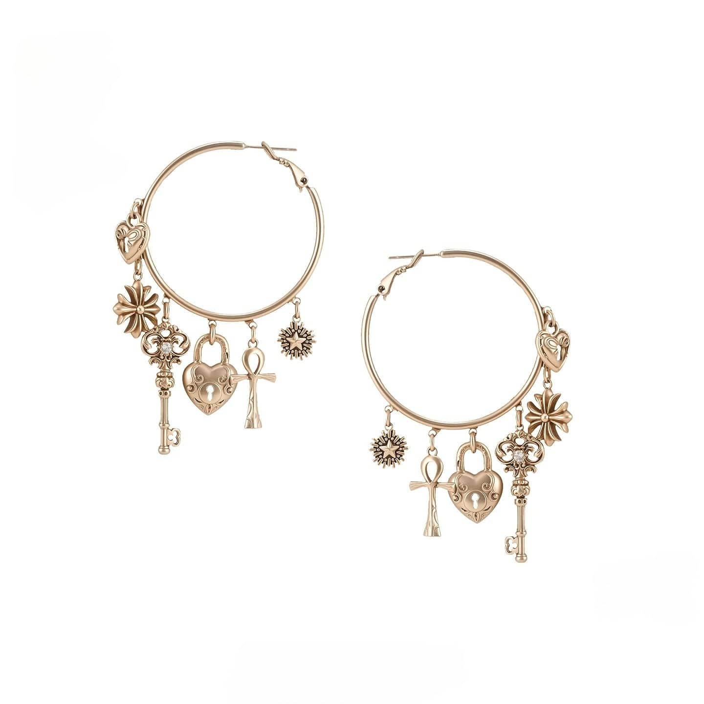 Kobine Women's Grunge Cross Lock Heart Key Earrings