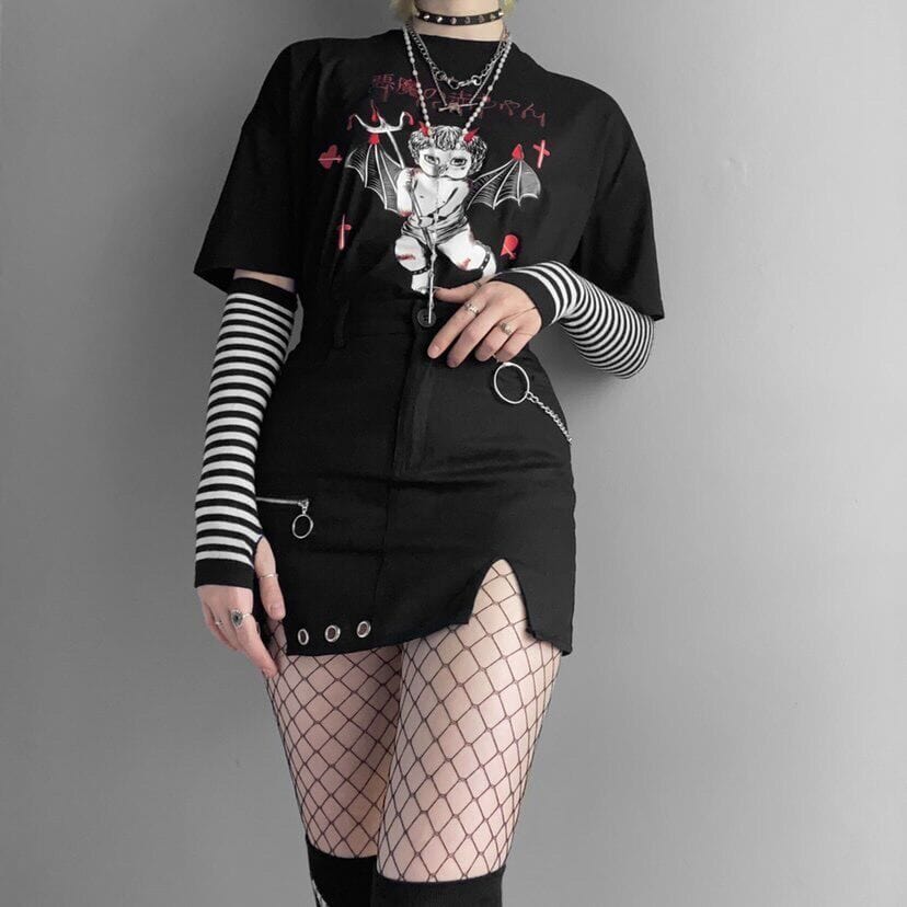 Kobine Women's Grunge Demon Doll Printed Round Collar T-shirts