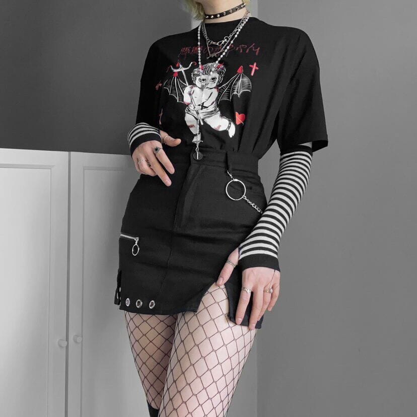 Kobine Women's Grunge Demon Doll Printed Round Collar T-shirts