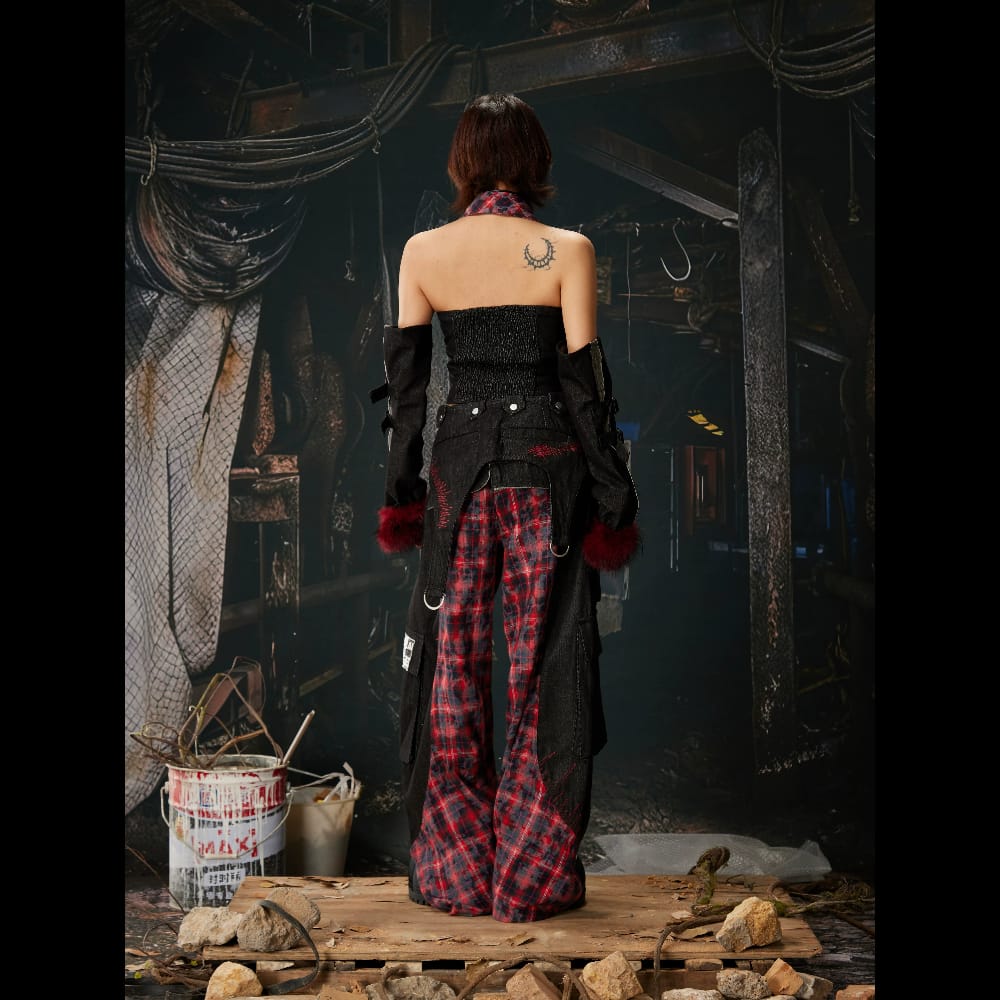 Kobine Women's Grunge Detachable Waist Flap Plaid Patchwork Cargo Pants