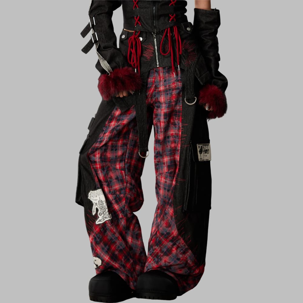 Women's Grunge Detachable Waist Flap Plaid Patchwork Cargo Pants