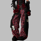 Kobine Women's Grunge Detachable Waist Flap Plaid Patchwork Cargo Pants