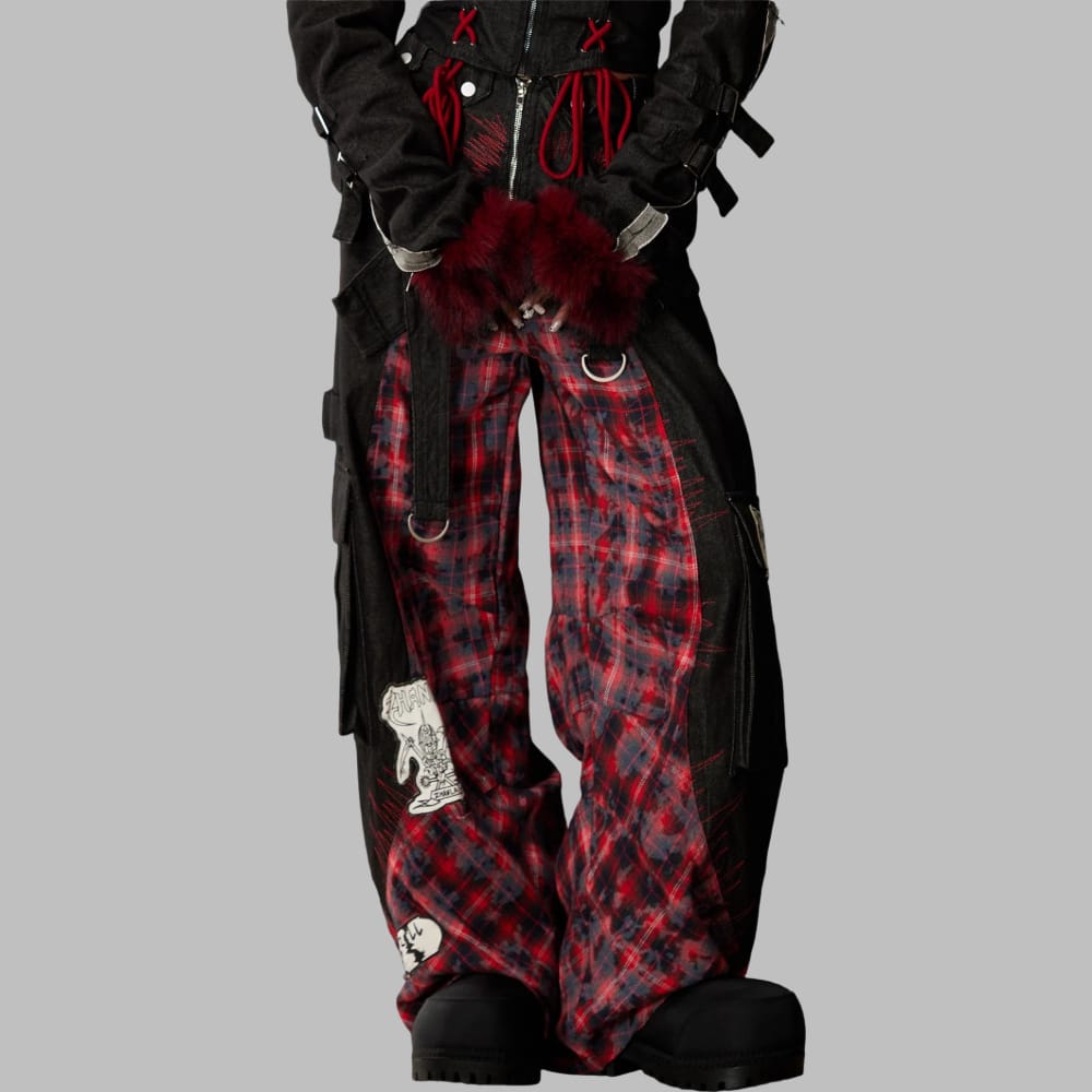 Women's Grunge Detachable Waist Flap Plaid Patchwork Cargo Pants