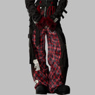 Kobine Women's Grunge Detachable Waist Flap Plaid Patchwork Cargo Pants