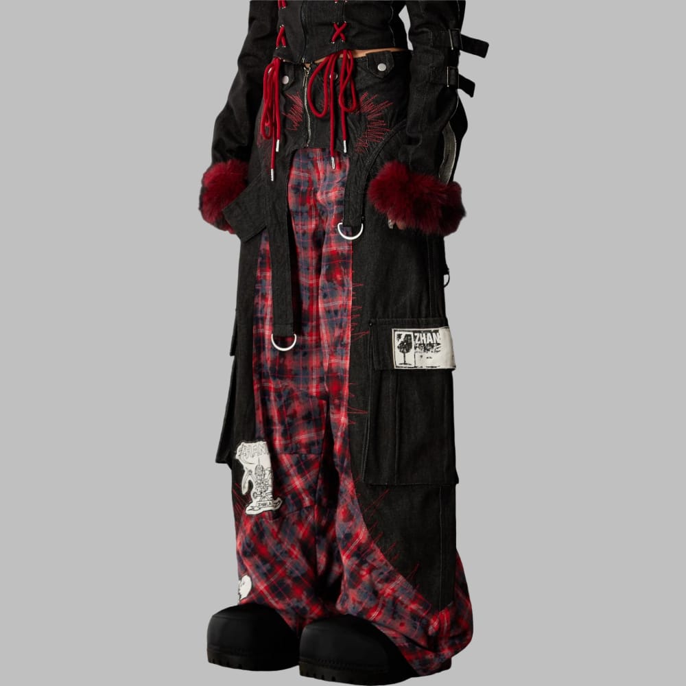 Kobine Women's Grunge Detachable Waist Flap Plaid Patchwork Cargo Pants