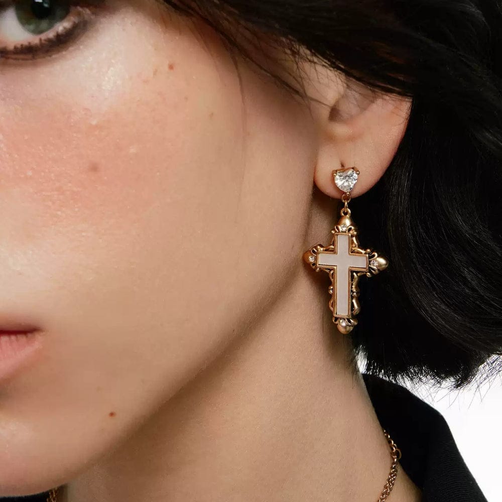 Kobine Women's Grunge Diamante Cross Earrings