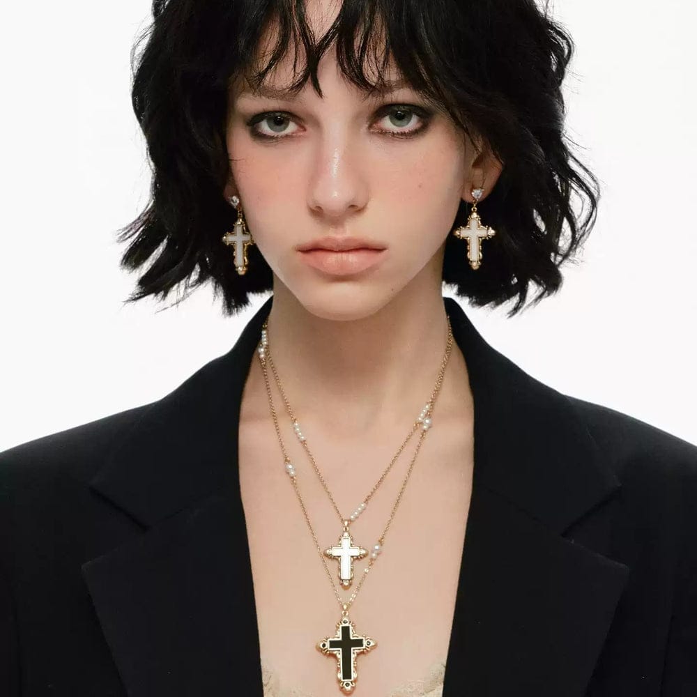 Kobine Women's Grunge Diamante Cross Earrings