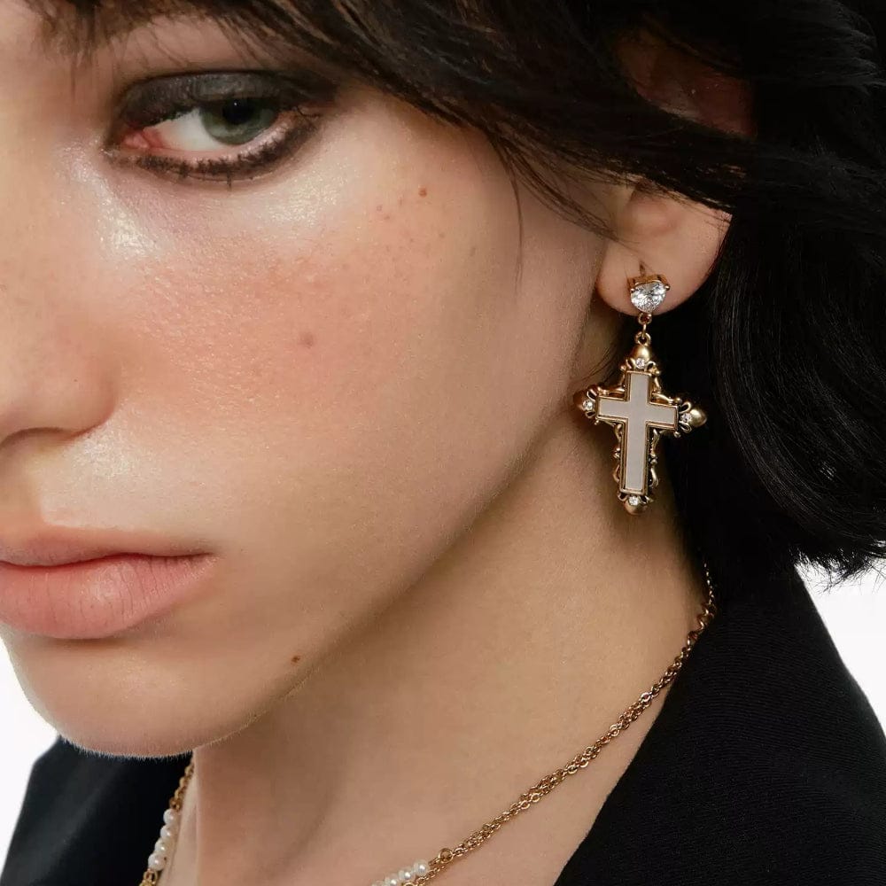 Kobine Women's Grunge Diamante Cross Earrings