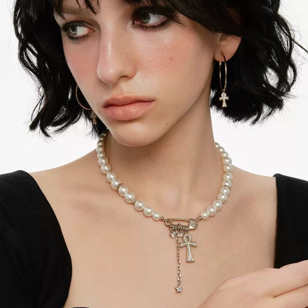 Kobine Women's Grunge Diamante Cross Hoop Earrings