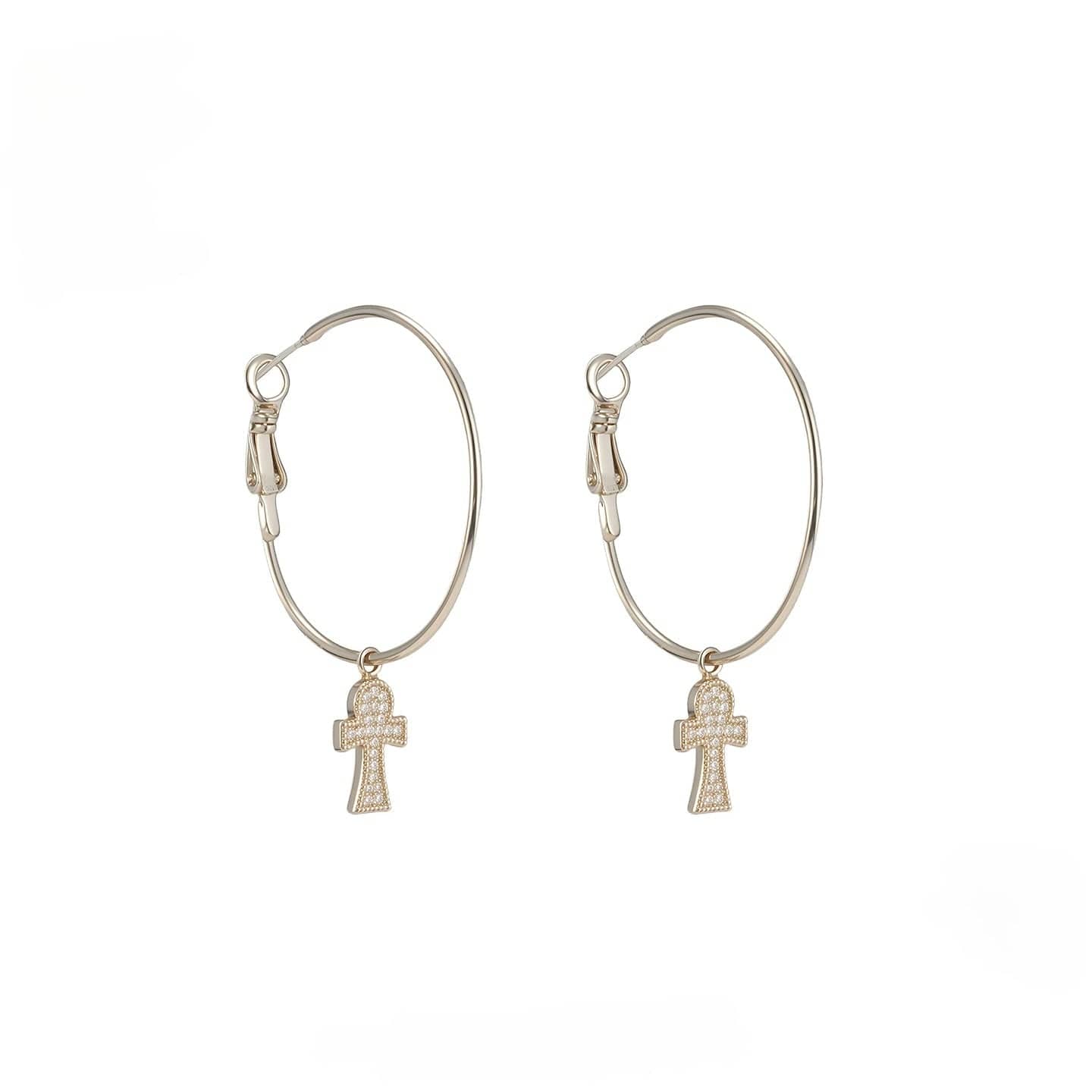 Kobine Women's Grunge Diamante Cross Hoop Earrings