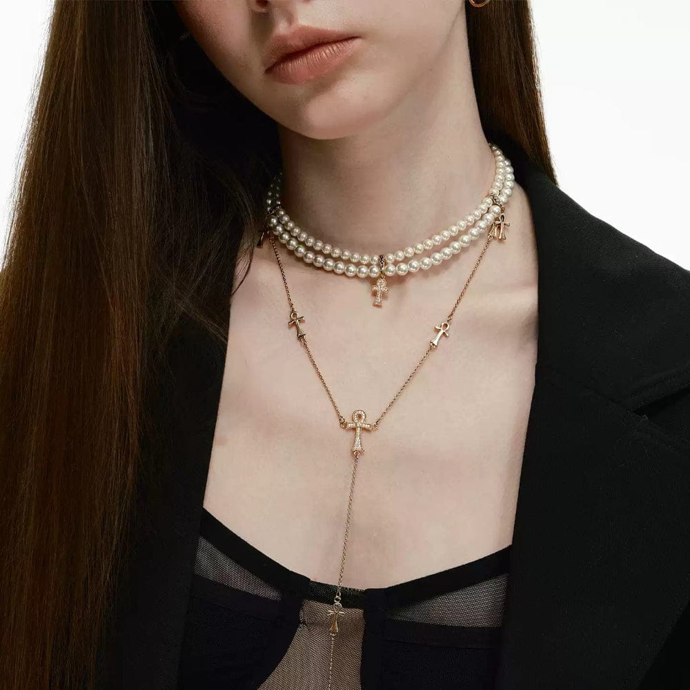 Kobine Women's Grunge Diamante Cross Pearl Necklace