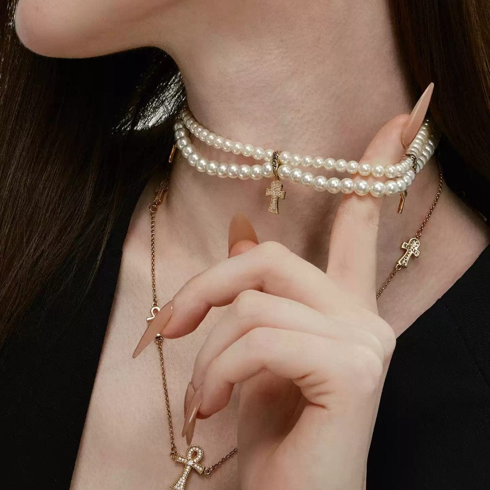 Kobine Women's Grunge Diamante Cross Pearl Necklace