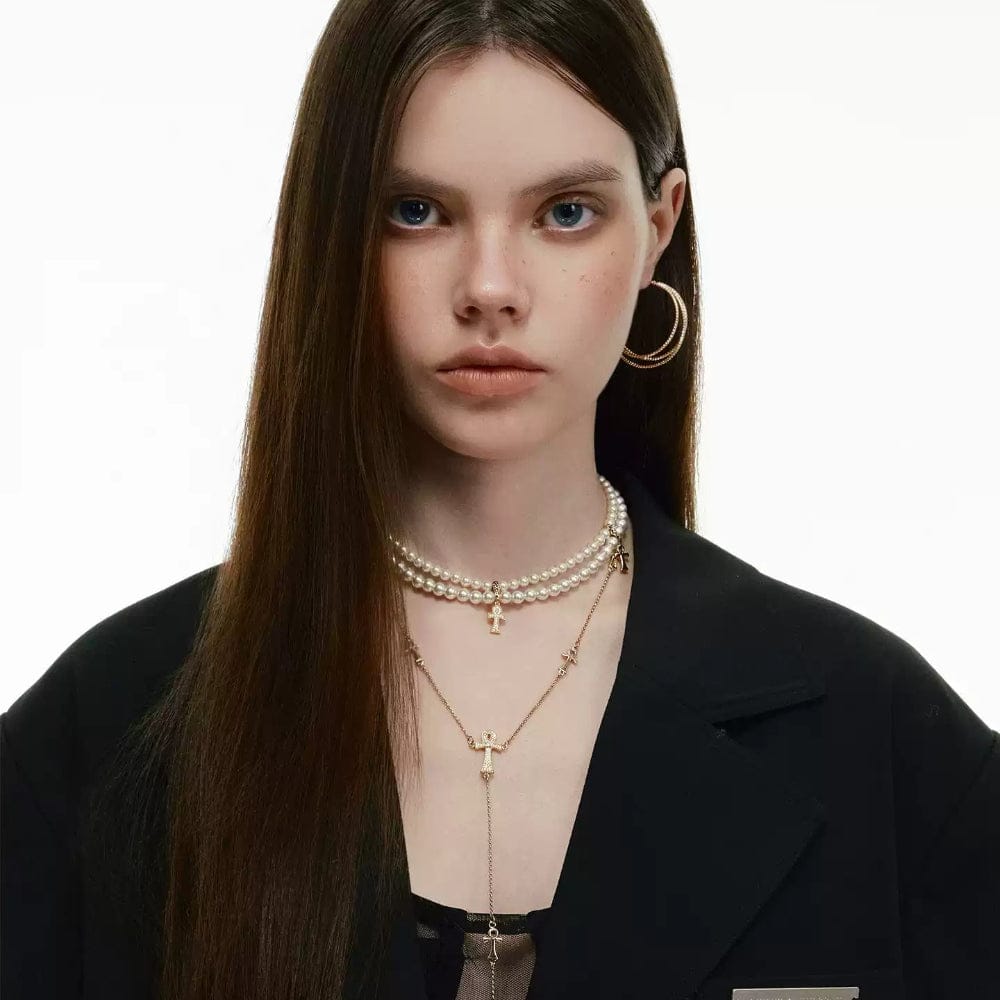 Kobine Women's Grunge Diamante Cross Pearl Necklace