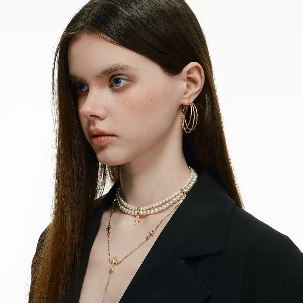 Kobine Women's Grunge Diamante Cross Pearl Necklace
