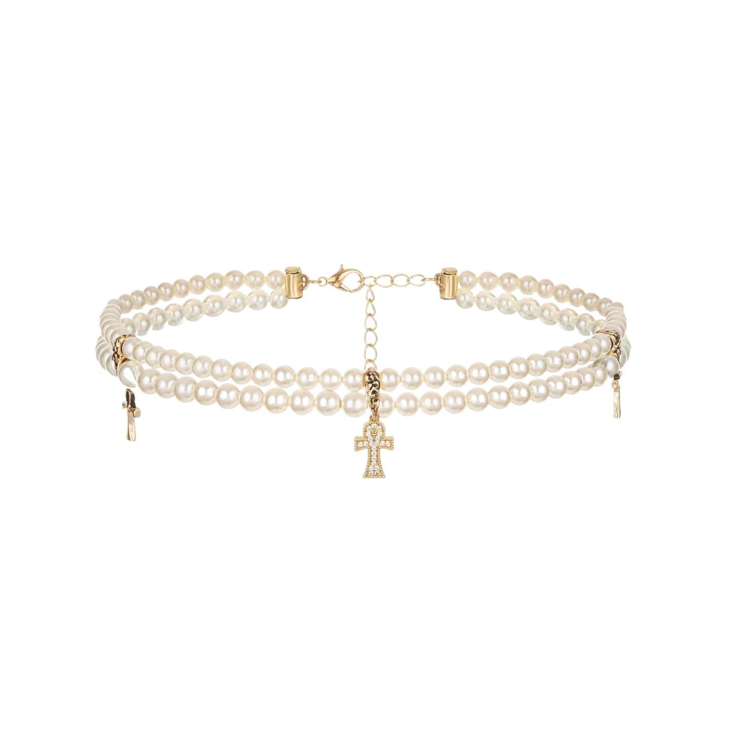 Kobine Women's Grunge Diamante Cross Pearl Necklace