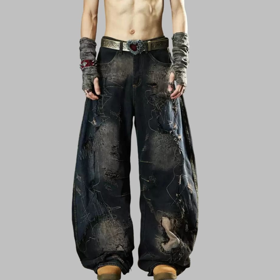 Y2K archive パッチワーク シープスキン ベスト グランジ パンク Women's Grunge Distressed Patchwork Ultra Wide Leg Jeans – Punk Design