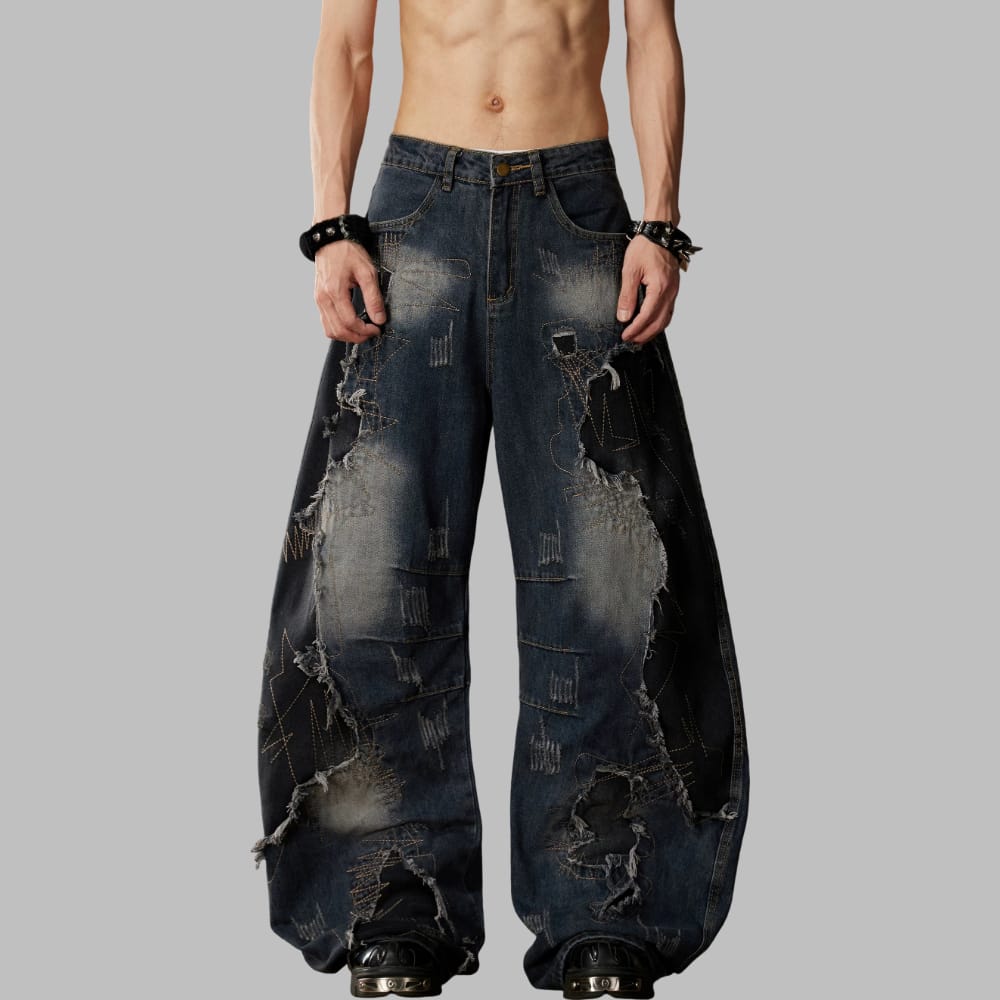 Kobine Women's Grunge Distressed Patchwork Ultra Wide Leg Jeans