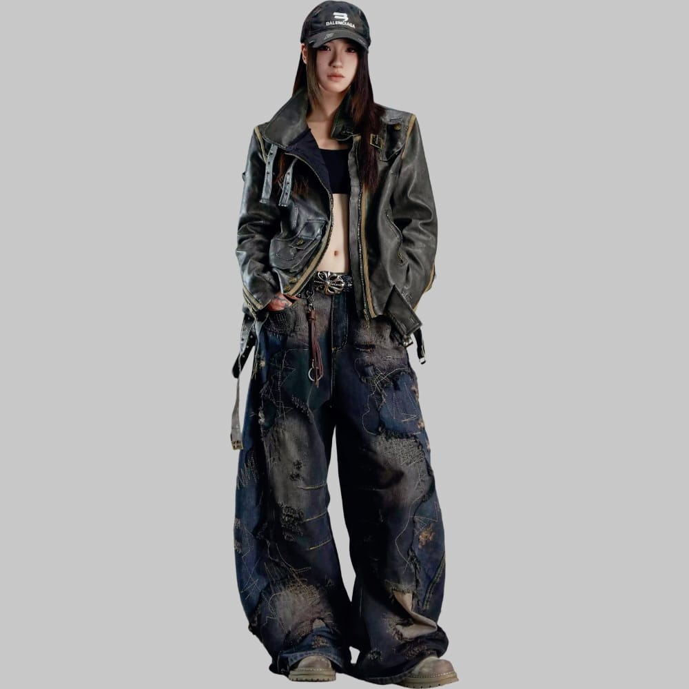 Women's Grunge Distressed Patchwork Ultra Wide Leg Jeans – Punk Design