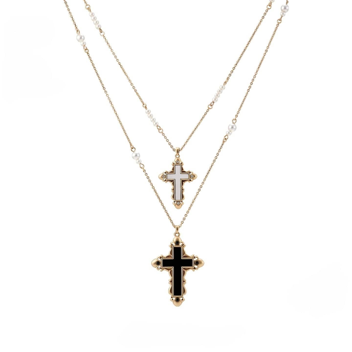 Kobine Women's Grunge Double-layered Black & White Cross Necklace