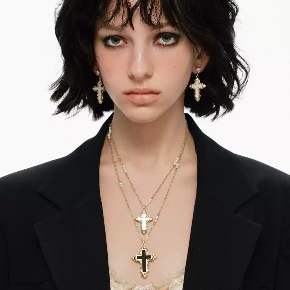 Kobine Women's Grunge Double-layered Black & White Cross Necklace