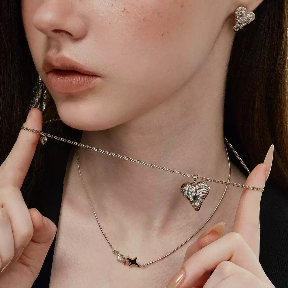 Kobine Women's Grunge Double-layered Diamante Heart Necklace