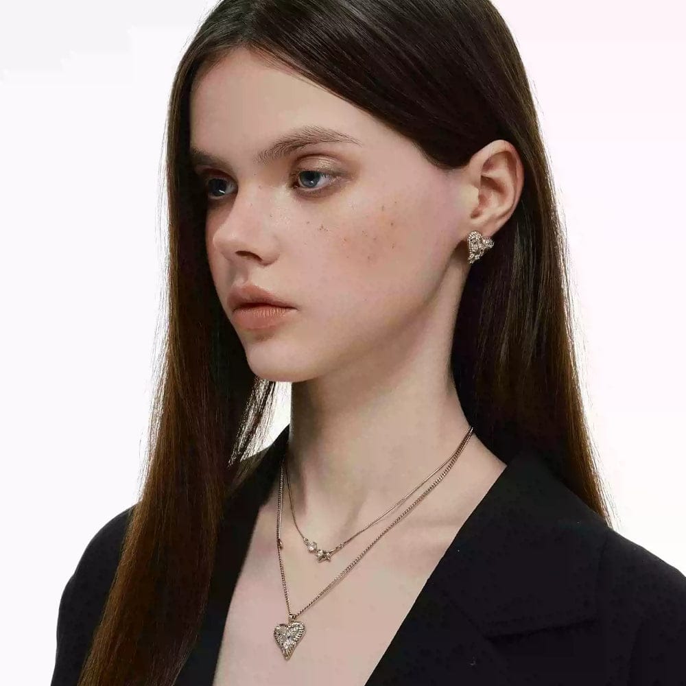 Kobine Women's Grunge Double-layered Diamante Heart Necklace