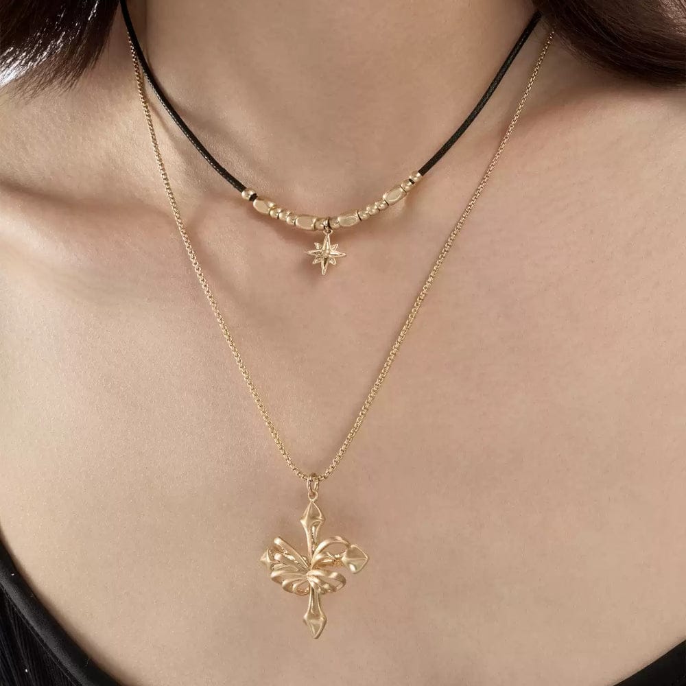 Kobine Women's Grunge Double-layered Star Cross Necklace