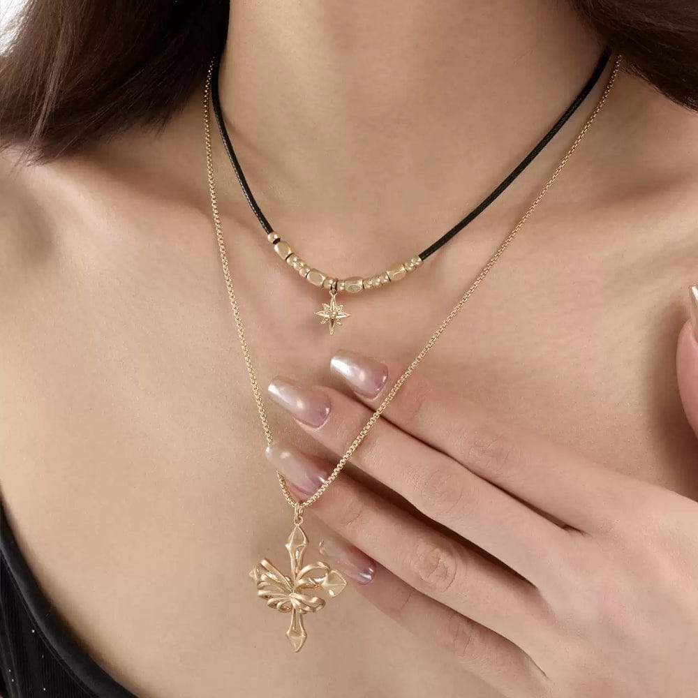 Kobine Women's Grunge Double-layered Star Cross Necklace