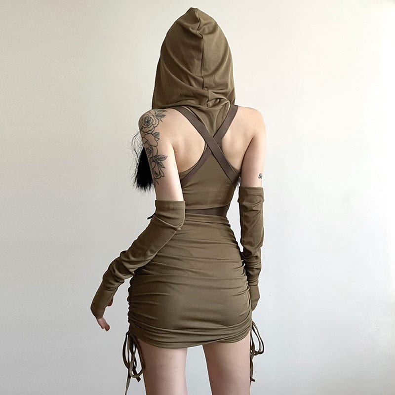 Kobine Women's Grunge Drawstring Dress with Hood and Oversleeves