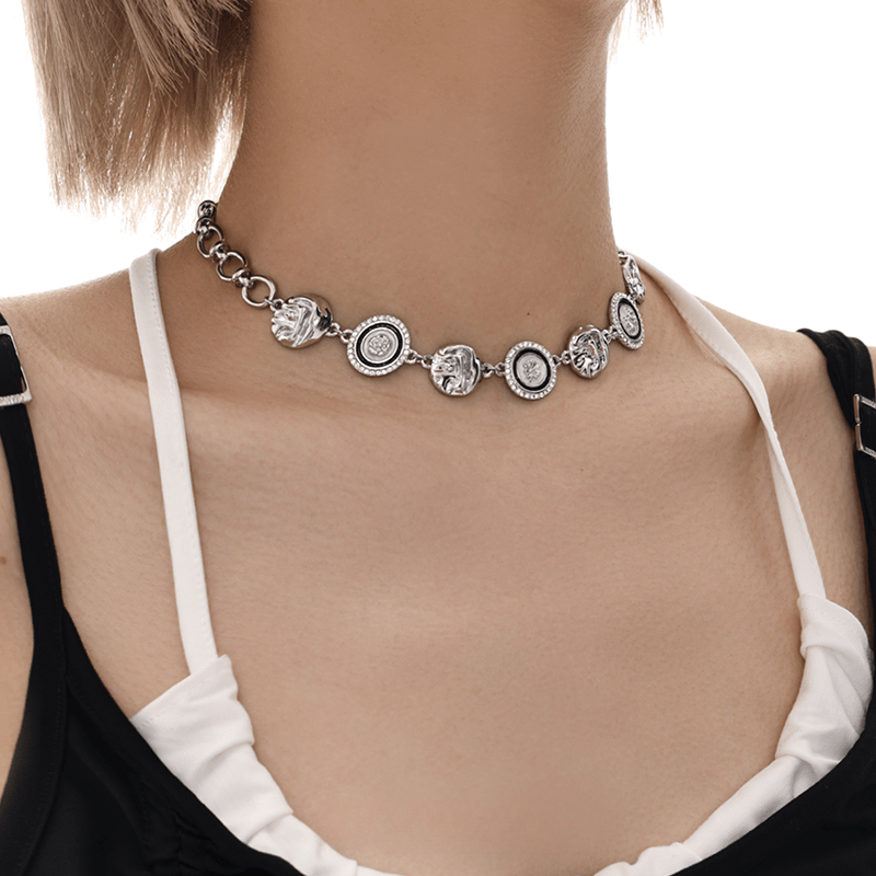 Kobine Women's Grunge Floral Button Rhinestone Necklace