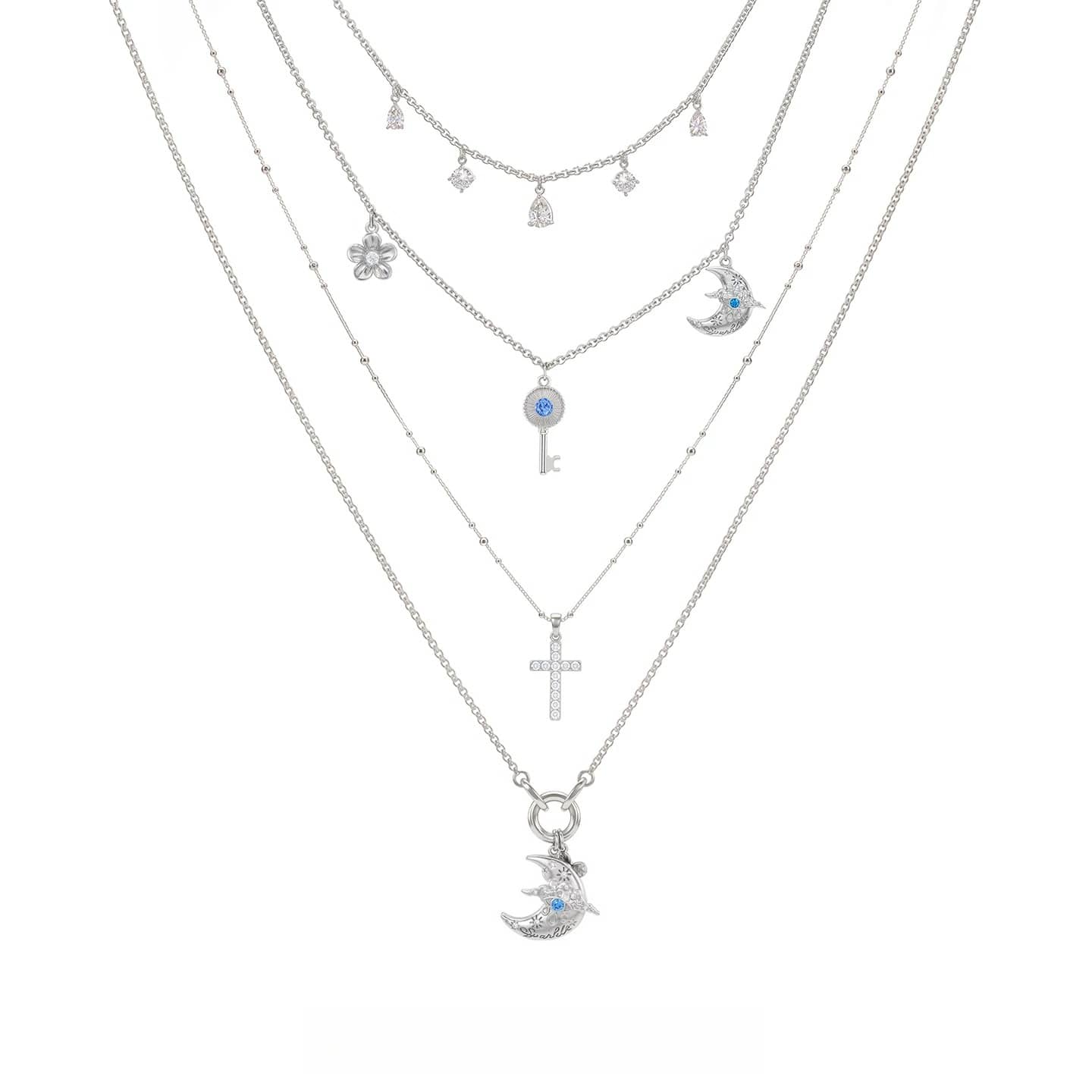 Kobine Women's Grunge Floral Key Crescent Layered Necklace