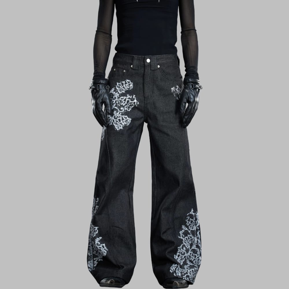 Kobine Women's Grunge Floral Lace Embroidered Flare Pants