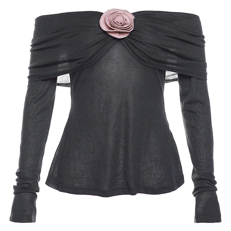 Kobine Women's Grunge Flower Off Shoulder Long Sleeved Shirt