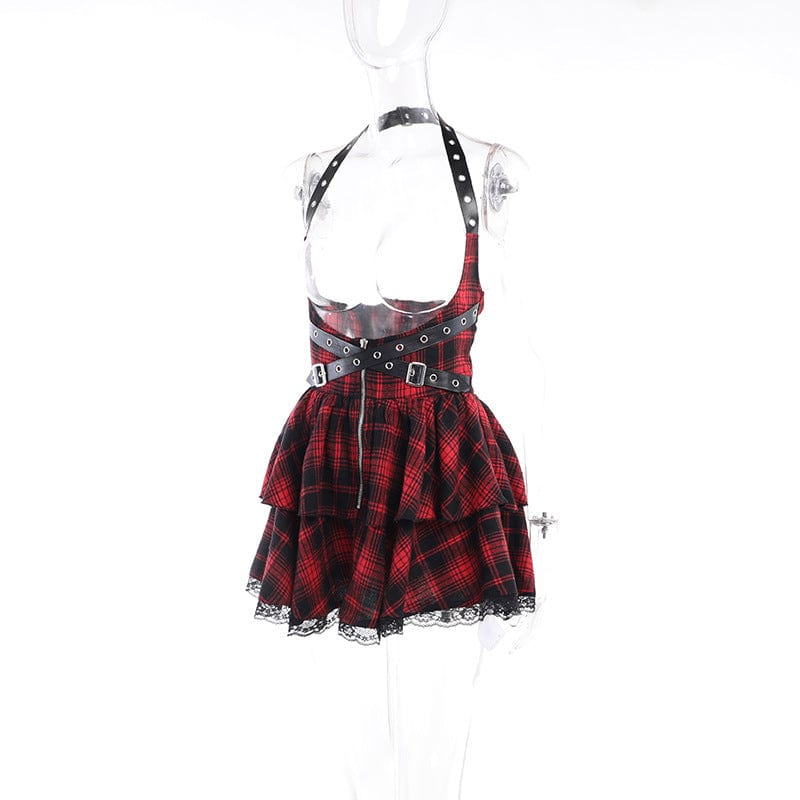 Women's Grunge Front Zip Plaid Suspender Skirt Punk Design