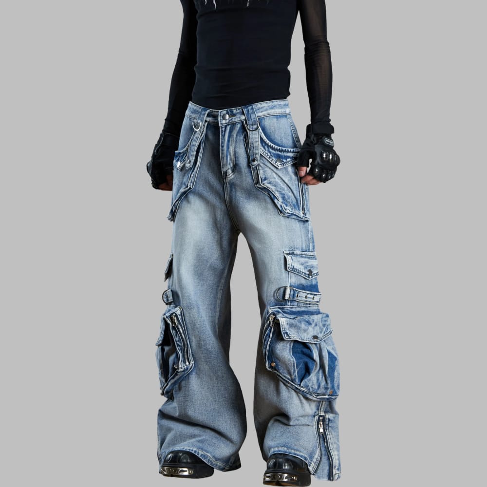 Women's Grunge Distressed Multi Pockets Patchwork Ultra Wide Leg