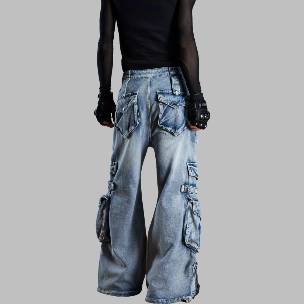 Women's Grunge Distressed Multi Pockets Patchwork Ultra Wide Leg
