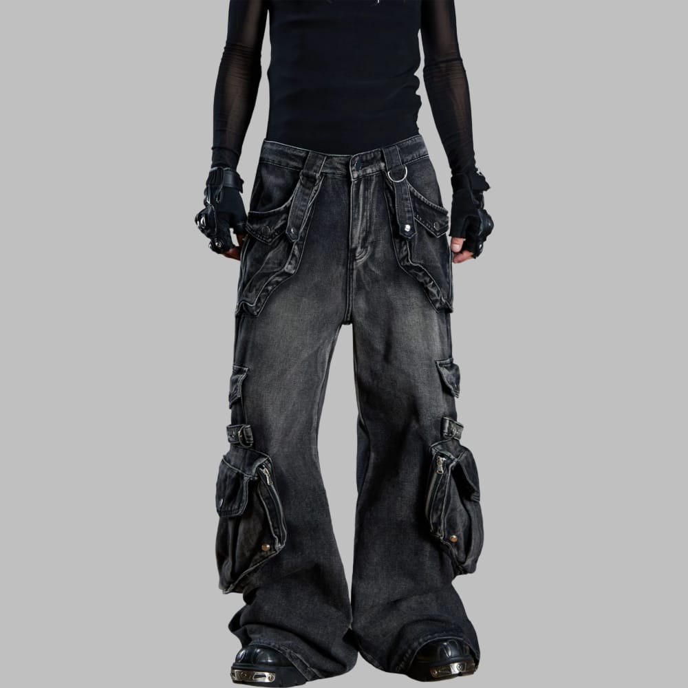 Women's Grunge Distressed Multi Pockets Patchwork Ultra Wide Leg