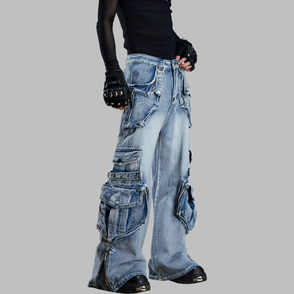 Women's Grunge Distressed Multi Pockets Patchwork Ultra Wide Leg