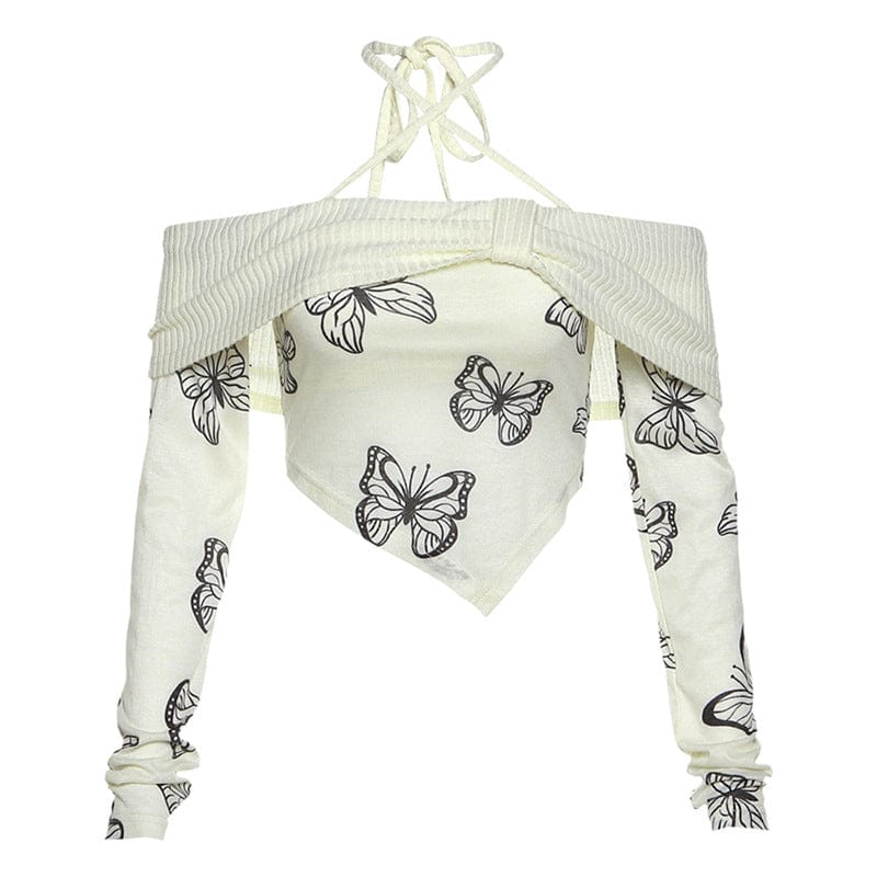 Kobine Women's Grunge Halterneck Butterfly Printed Long Sleeved Crop Top
