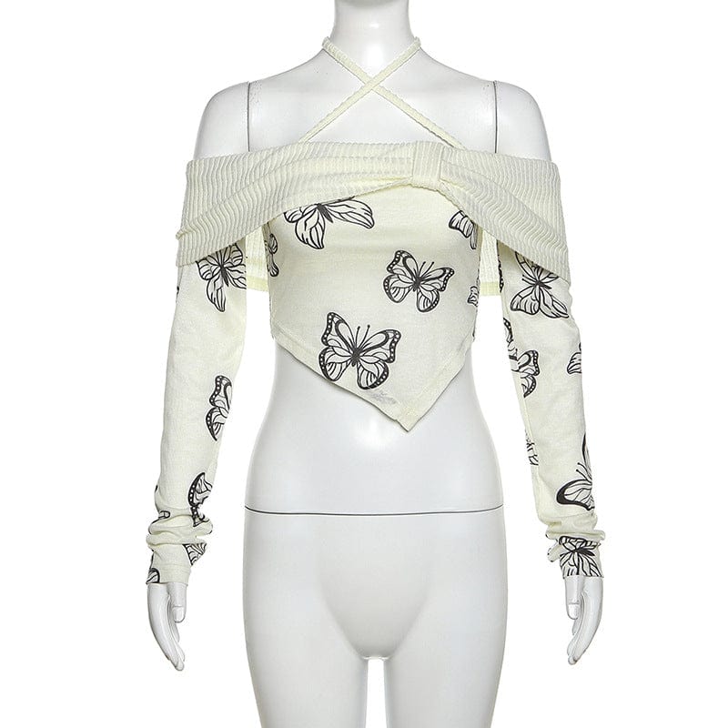 Kobine Women's Grunge Halterneck Butterfly Printed Long Sleeved Crop Top