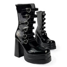 Kobine Women's Grunge Heart Buckles Layered Straps Platform Block Heel Boots