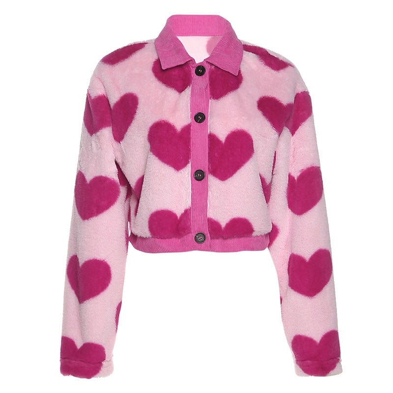 Kobine Women's Grunge Heart Printed Fluffy Coat