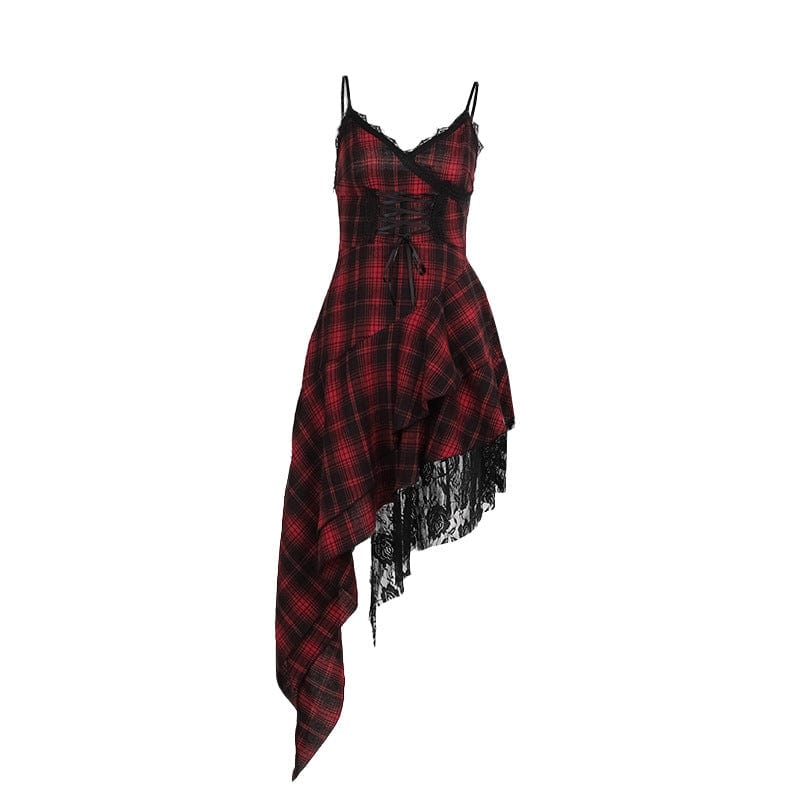 Kobine Women's Grunge Irregular Lace-up Plaid Party Slip Dress