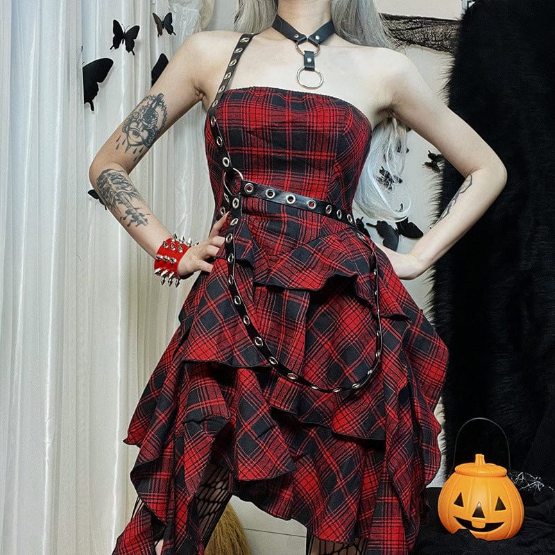 Women's Grunge Irregular Plaid Layered Dress – Punk Design