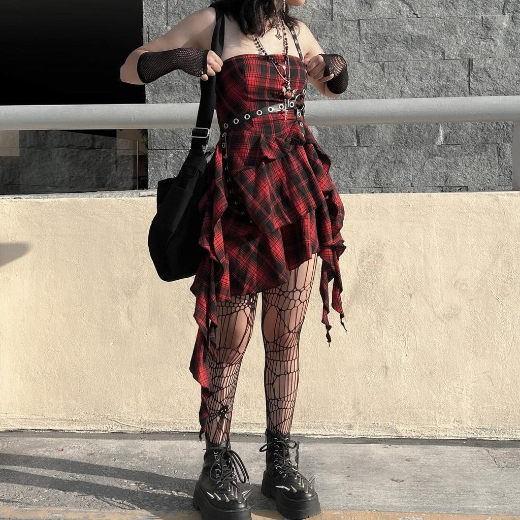 Kobine Women's Grunge Irregular Plaid Layered Dress