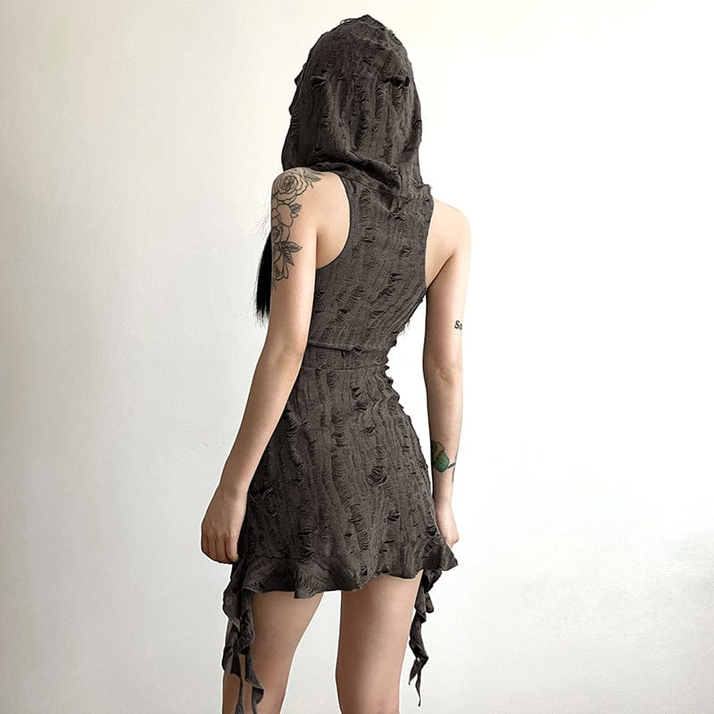 Kobine Women's Grunge Irregular Ripped Dress with Hood