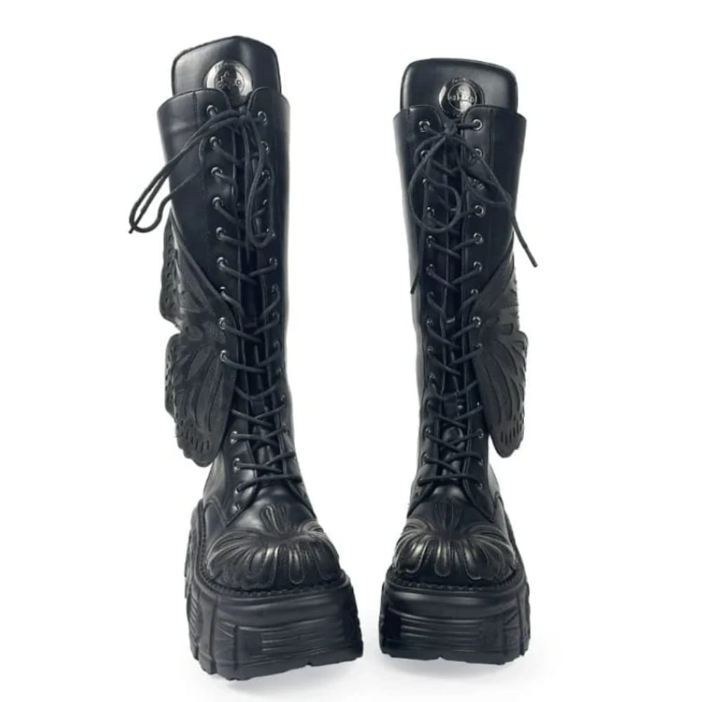 Kobine Women's Grunge Lace‑up Butterfly Wing Platform Chunky Sole Boots